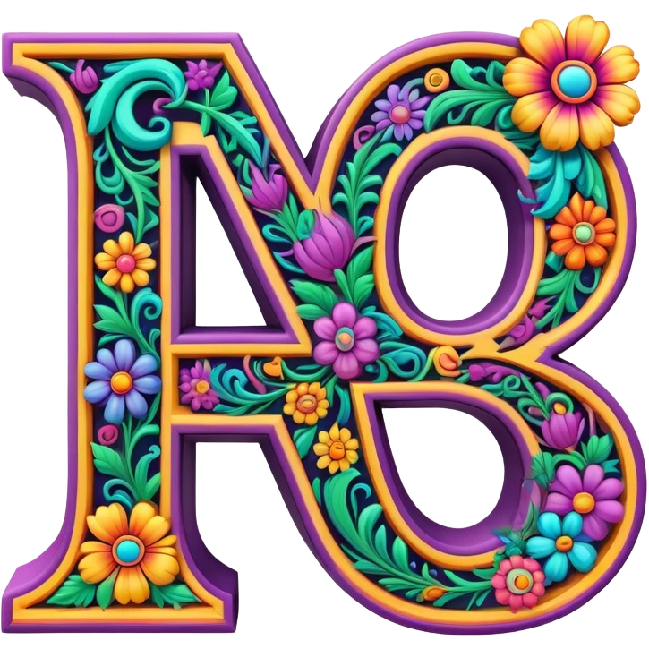 3D, gothic style psychedelic colored capital Letter Q with hippie style flower border emoji