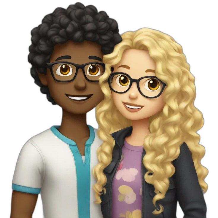 boy with curly blonde hair and glasses kissing girl with wavy black hair and glasses emoji