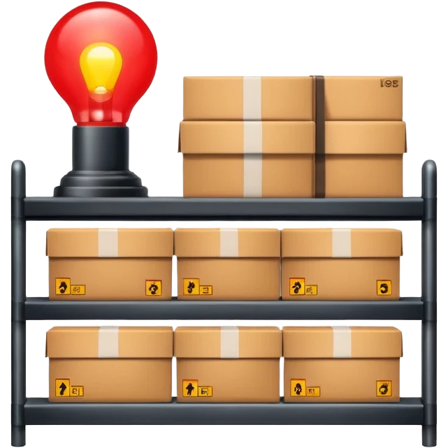 industrial shelf front view with packages on the shelf and a single glowing lamp above like a traffic light dot emoji