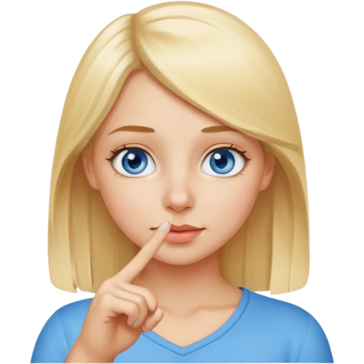 a blond girl with blue eyes putting a finger on the tip of the nose emoji