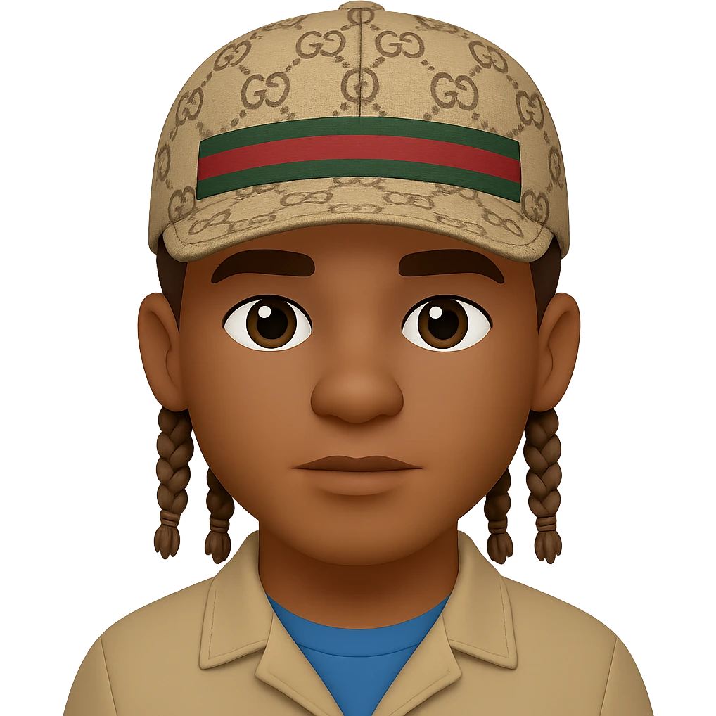 Homme avec des tresses plus courtes et une casquette Gucci, style emoji, sans fond. Note: style emoji does not support editing, so using general style editor with emoji style intention. emoji
