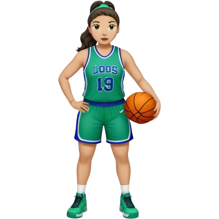 full body plus size light skin latino women basketball player with wavy dark hair in pony tail wide nose wearing blue with green uniform emoji