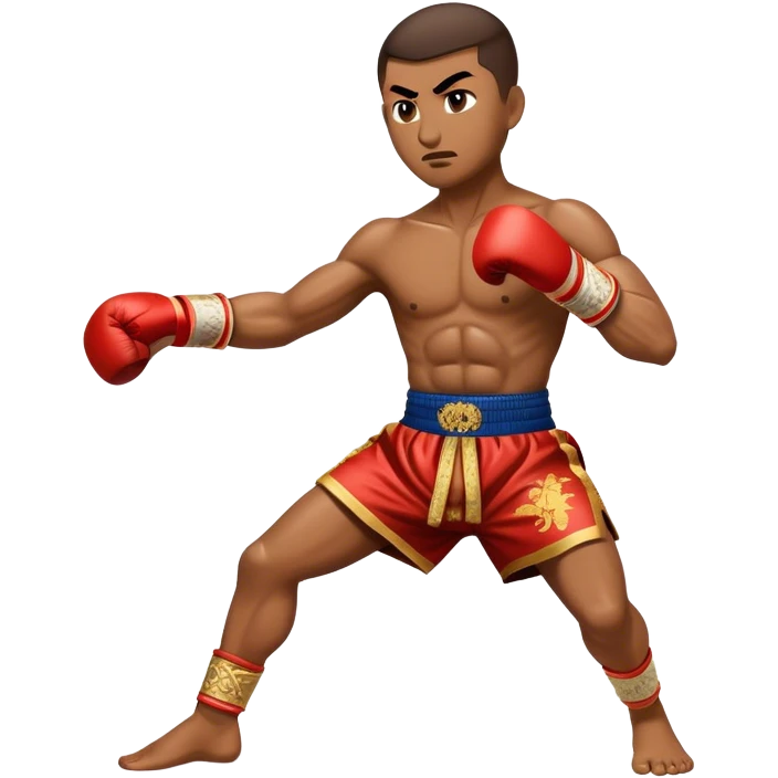 Cinematic Realistic Traditional Muay Thai Emoji, depicted as an intense dynamic martial arts scene featuring a fighter in traditional Muay Thai stance and attire, rendered with rich textures and energetic dramatic lighting that captures the sport's raw power. emoji