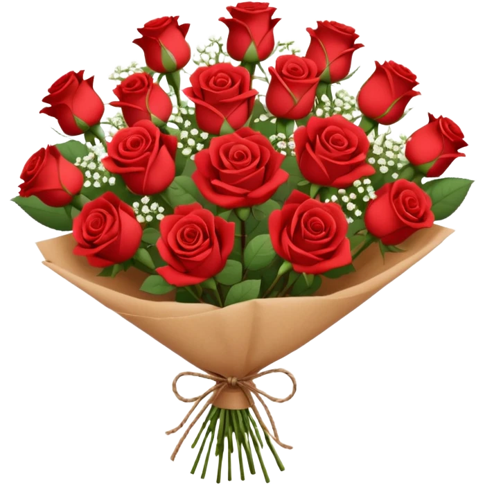 A brown paper-wrapped bouquet of fresh roses and baby’s breath emoji