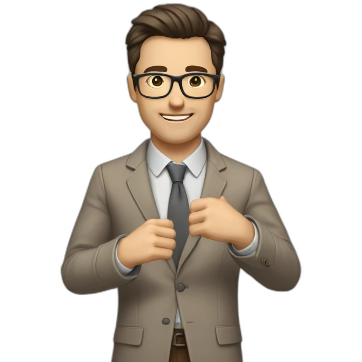 To belt Actively gesturing with hands Pale skinned fit man teacher with dark brown hair in gray jacket, beige office shirt, brown tie, brown pants and vintage glasses. emoji