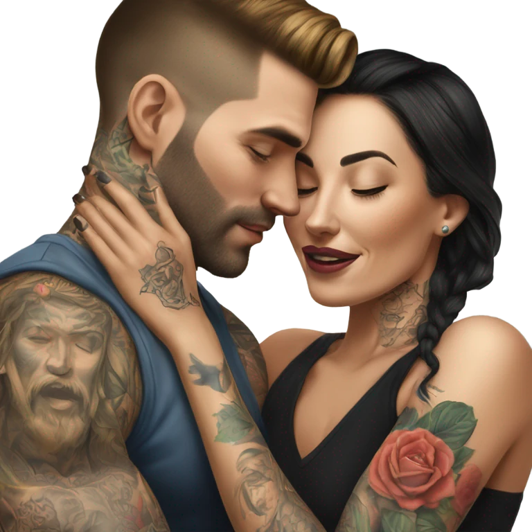 Hyper Realistic beautiful woman touching the cheek of a very handsome tattooed man emoji