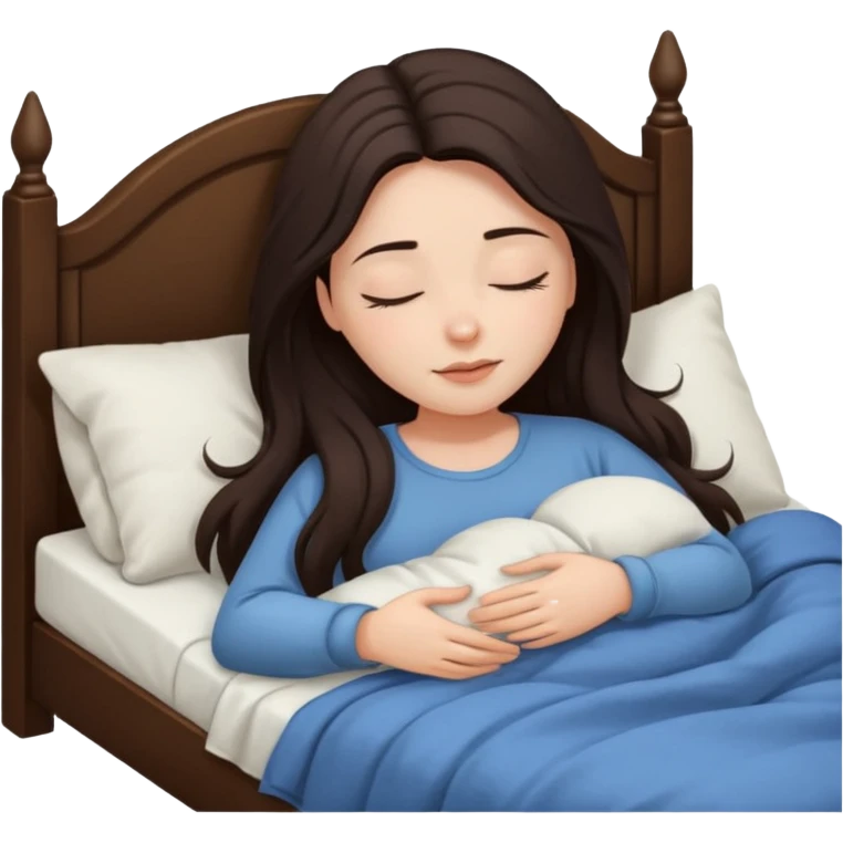 Mujer de pelo cafe oscuro y largo, y tez blanca. Ella duerme sola en su cama emoji