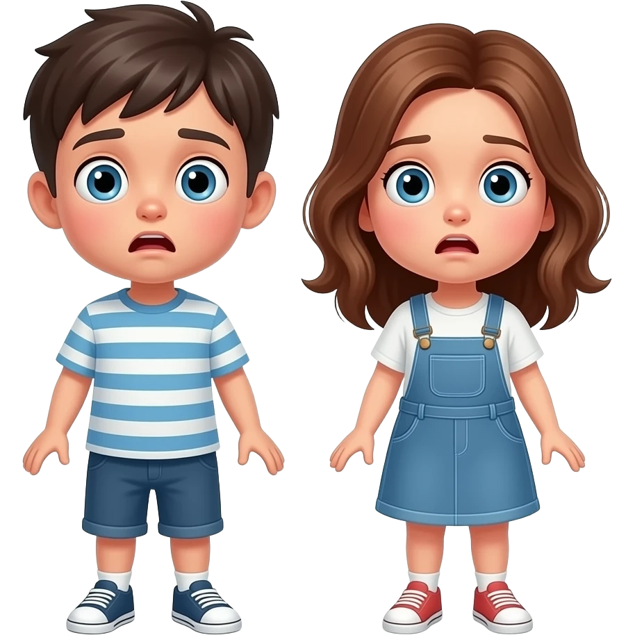 chico y chica son hermanos,se estan preguntando asustados donde estan, el chico castanyo i con pelo corto y la chica pelo suelto y color avellana y los dos tienen ojos azules son hermanos estan depie se les ve los pies emoji
