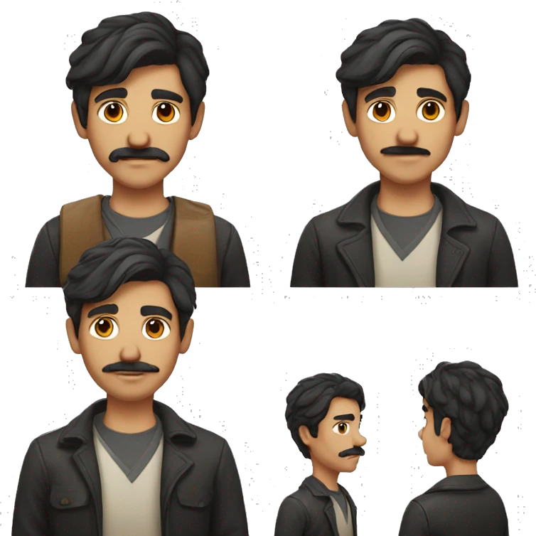 A 27-year-old wheat-skinned boy with dark hair and mustache emoji