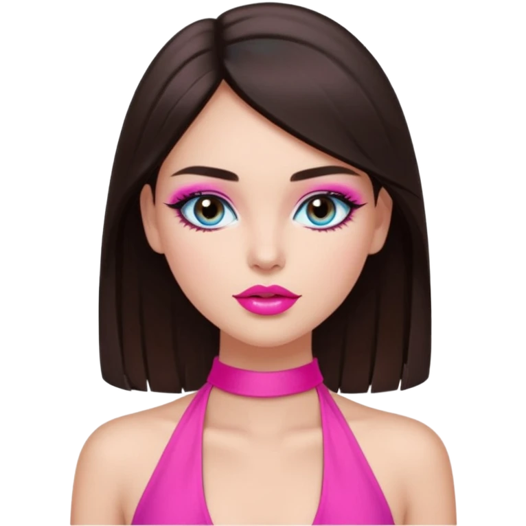 generate a pretty fair bratz girl with dark brown eyes, dark brown hair straight long. Wearing a hot pink halter neck top.  pink lipgloss. light blue eyeshadow emoji