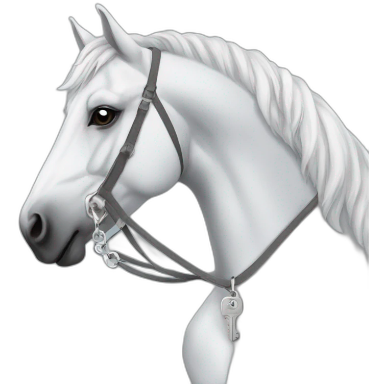 White stallion mustang wearing a grey key around the neck only necklace no mouth strap showing neck no lock emoji