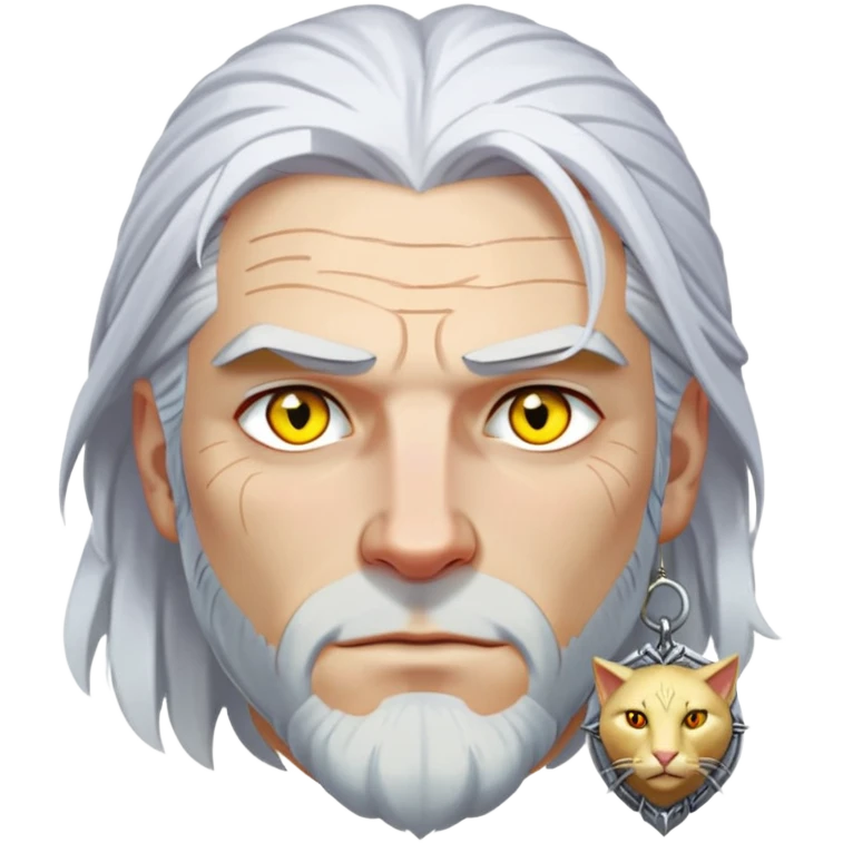 Geralt of Rivia with white hair, yellow cat eyes, and witcher medallion emoji