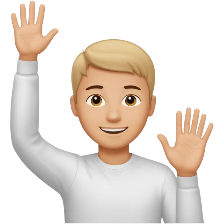 joven trigueño corte de pelo muy cortito polera blanca sonrisa bonita saludando mano arriba emoji