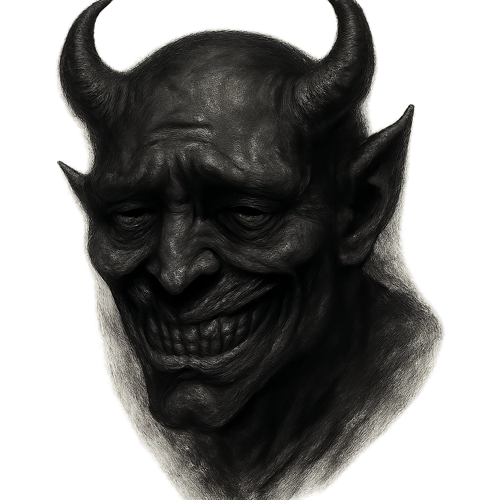 dark, sneering demonic face with vicious features, sad eyes, expressing depression and pessimism, perpetrator vibe emoji