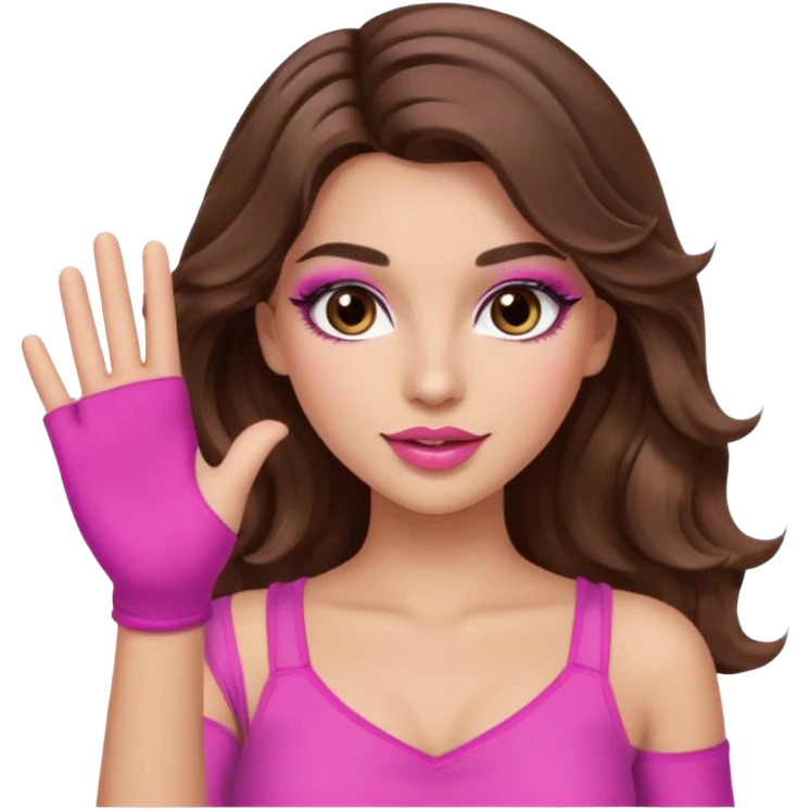 girl with long wavy brown hair, brown eyes, long lashes makeup, sexy pink lips, light to medium complexion, pink sexy top,waving emoji