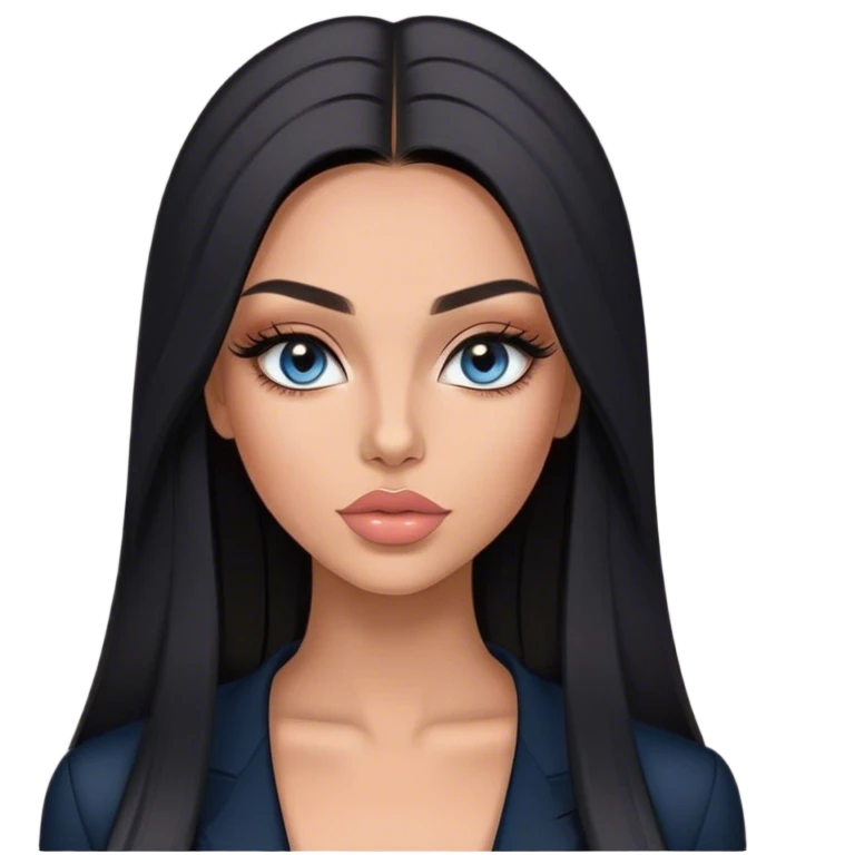 Glamours, tanned, very beautiful girl, with big pump peach-beige-rose lips, long long lashes, black straight smooth silky long hair, straight parting hair, blue-grey eyes in black clothes emoji