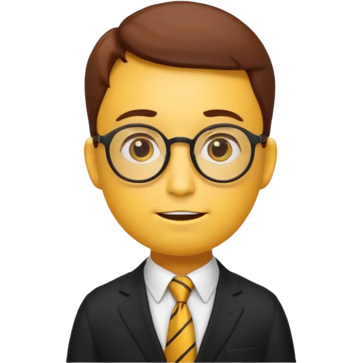 emoji character with the classic nerd emoji head (yellow round face, large brown glasses, buck teeth, freckles). The body is human-like, dressed in an elegant black suit with a tie, in a thoughtful and philosophical pose —  emoji