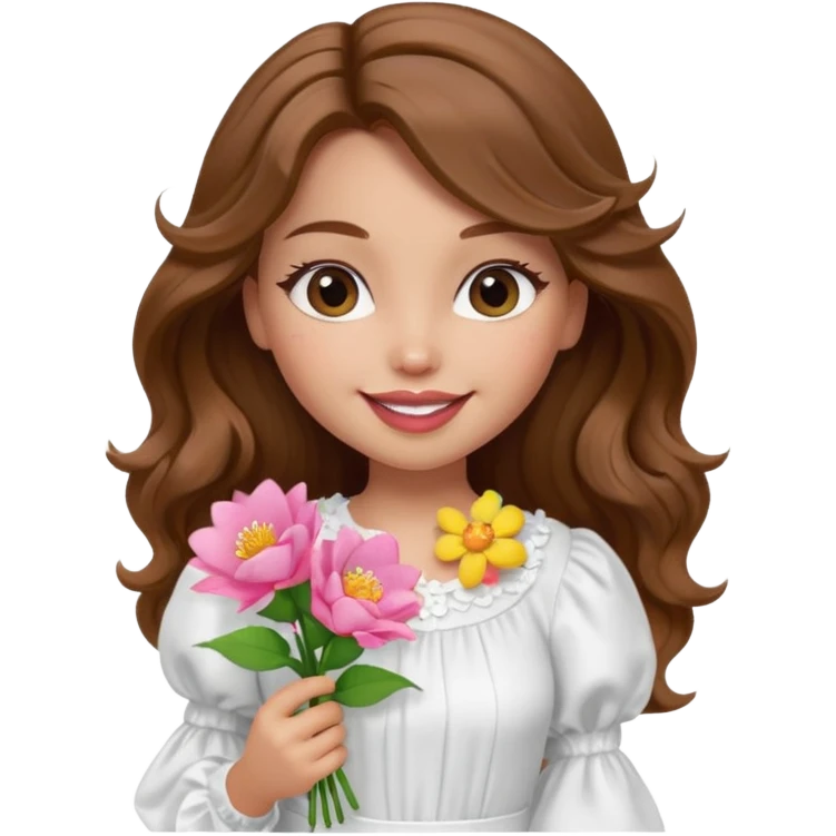 generate a pretty bratz girl with in a white puff sleeve top.  light lipgloss on . Brown wavy hair long. carrying flowers  emoji