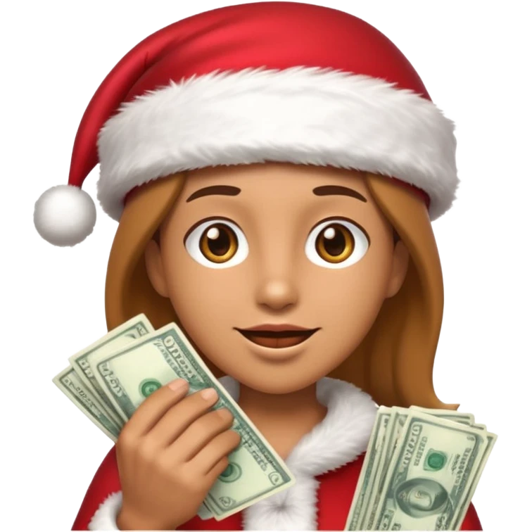 A confident rich emoji face wearing a Santa hat, money stacks, casino vibe, New Year theme, premium 3D emoji style, sharp details, no text, isolated on transparent background emoji