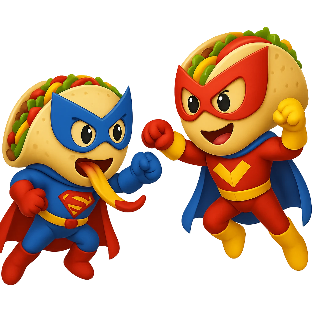 Add superhero costumes to the fajita and taco as they battle in emoji style, no background. emoji