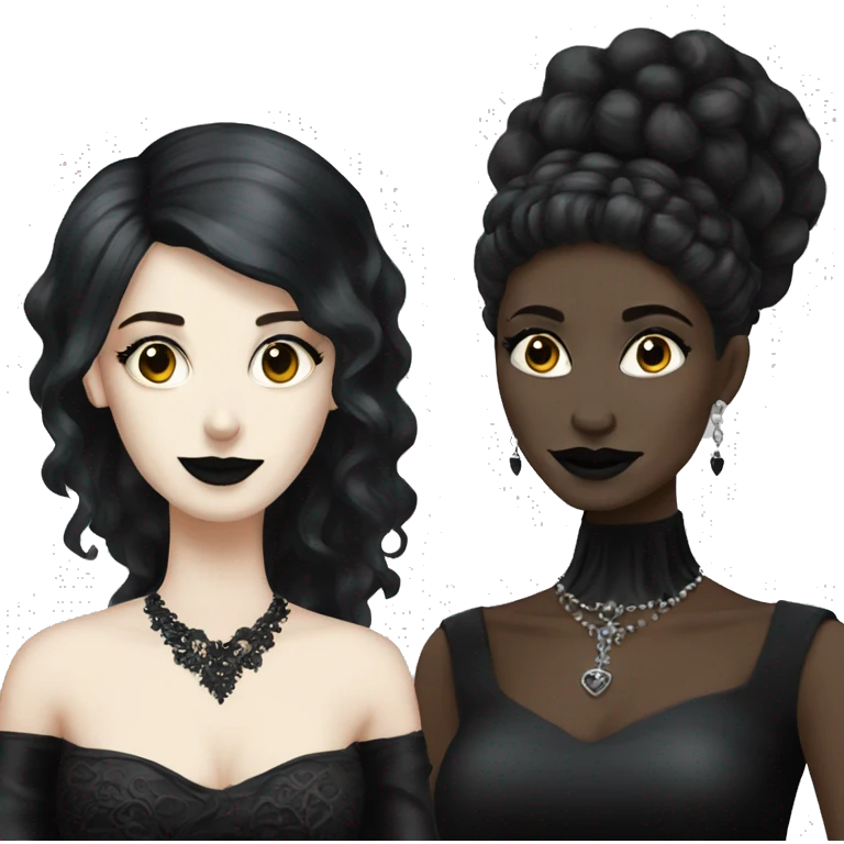 two goth women, black wedding dresses emoji