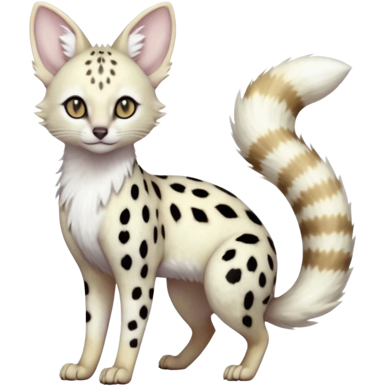 White Albino pastel whitish grey-spotted Serval-Civet-Genet-Trico-Furret-Linoone-Noibat-Espeon-Fakémon-Pokémon-animal-hybrid-fusion-creature (full body) with vibrant glowing eyes, cute, elegant, soft, realistic, pastel fur emoji
