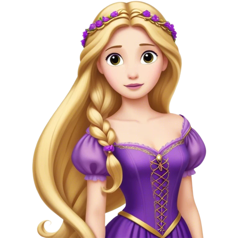 Cinematic Majestic Rapunzel Portrait Emoji, rendered in a clean, vector-style with bold, simplified shapes. Show Rapunzel with a serene, graceful expression, luminous fair skin, and elegantly styled long golden hair, accented by her classic purple gown. The design radiates a majestic, dreamlike glow with high shine and a soft glowing outline, embodying regal beauty. emoji