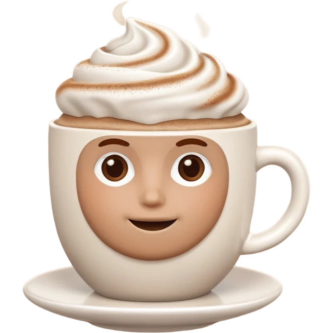 A 3D cartoon cappuccino cup with thick milk foam and light cocoa dust, no saucer, smooth ceramic texture, warm soft lighting, Memoji-style. emoji