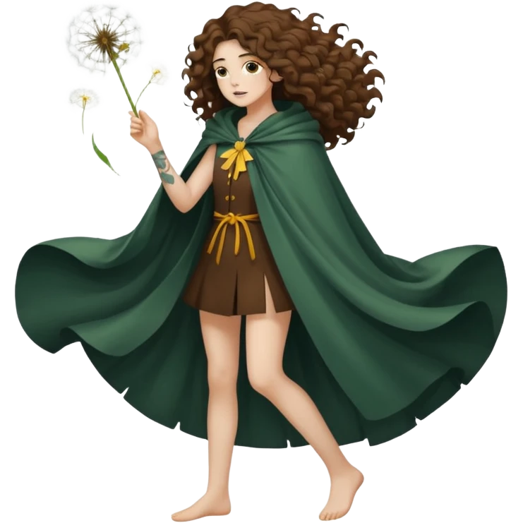 full body woman long curly brown hair brown eyes white skin tattoos dandelion seed cloak blowing apart around her emoji