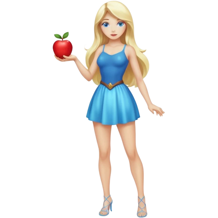 full body woman long blonde hair blue eyes white skin holding glowing apple like forbidden fruit emoji
