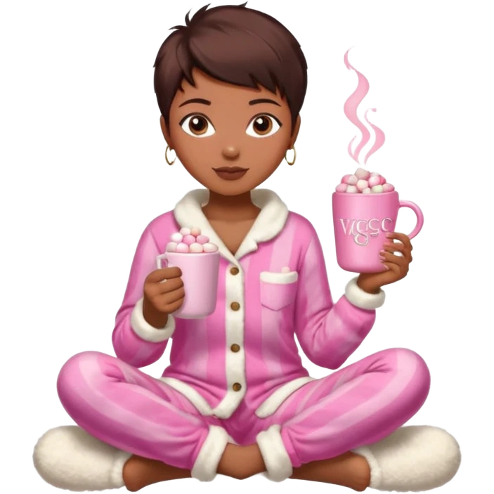 Pixiecut cut Hair Brown aesthetic Victoria's Secret pajama set, Ugg boots, holding hot chocolate with pink and white marshmallows, cozy and cute emoji