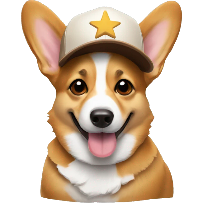corgi wearing a brown baseball cap with a star hat and shades emoji