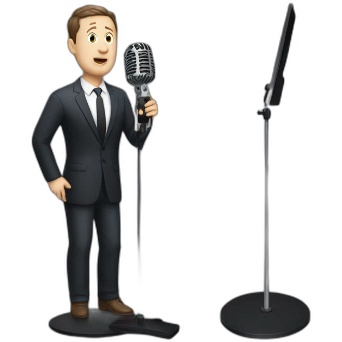 tim robinson in suit singing into microphone stand holding stand (full body, ios17, somber) emoji