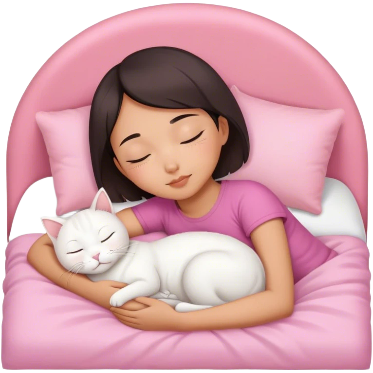 White cat sleeping with Asian girl short hair in pinky bed  emoji