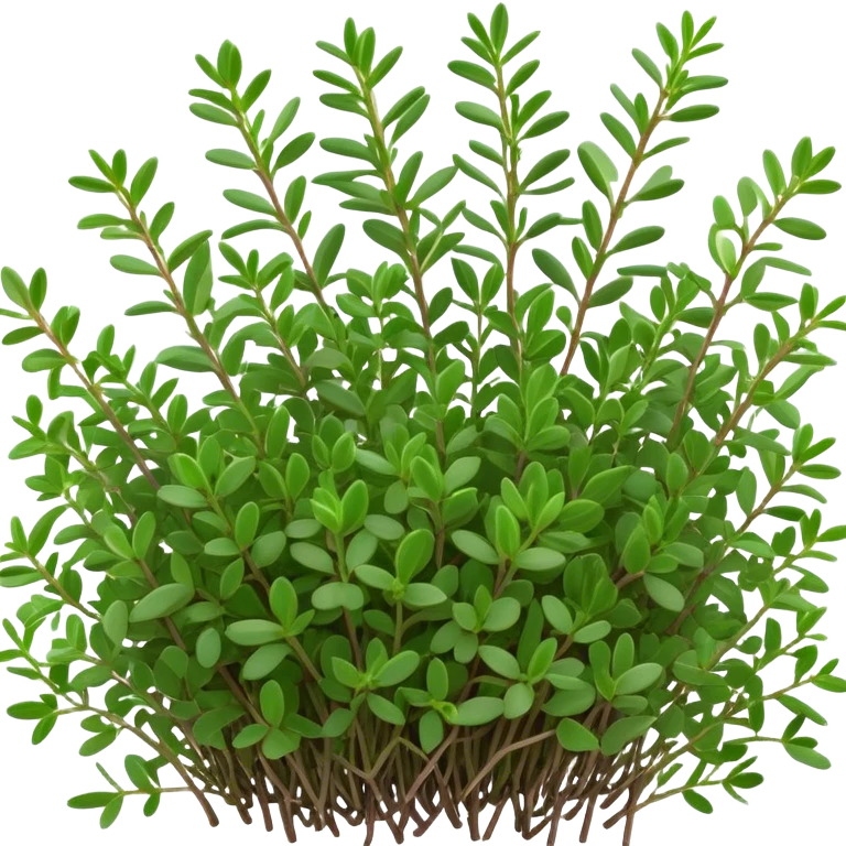 Cinematic Realistic Thyme Emoji, Compact and earthy, with tiny green leaves densely packed on delicate stems. The soft fragrance of the leaves fills the air, creating an atmosphere of warmth and subtle richness. Soft glowing outline, capturing the essence of simplicity and natural healing in a sprig of thyme! emoji