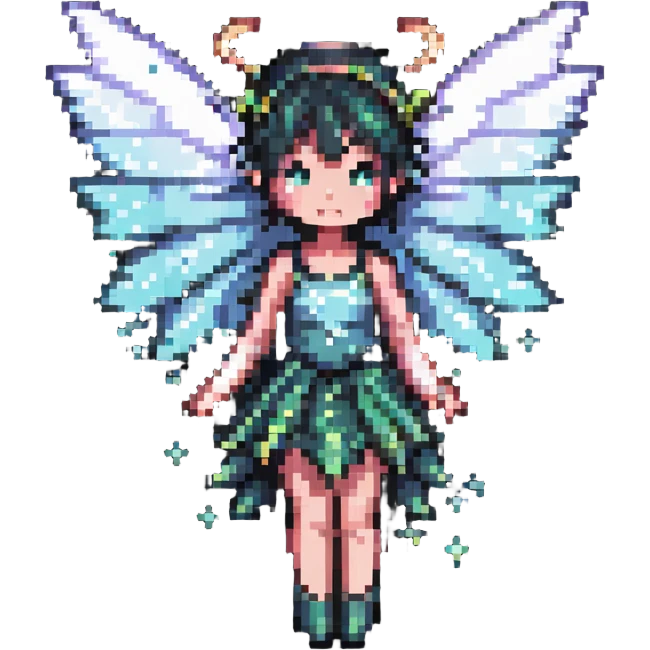 pixel art fairy with sparkling wings, floating emoji