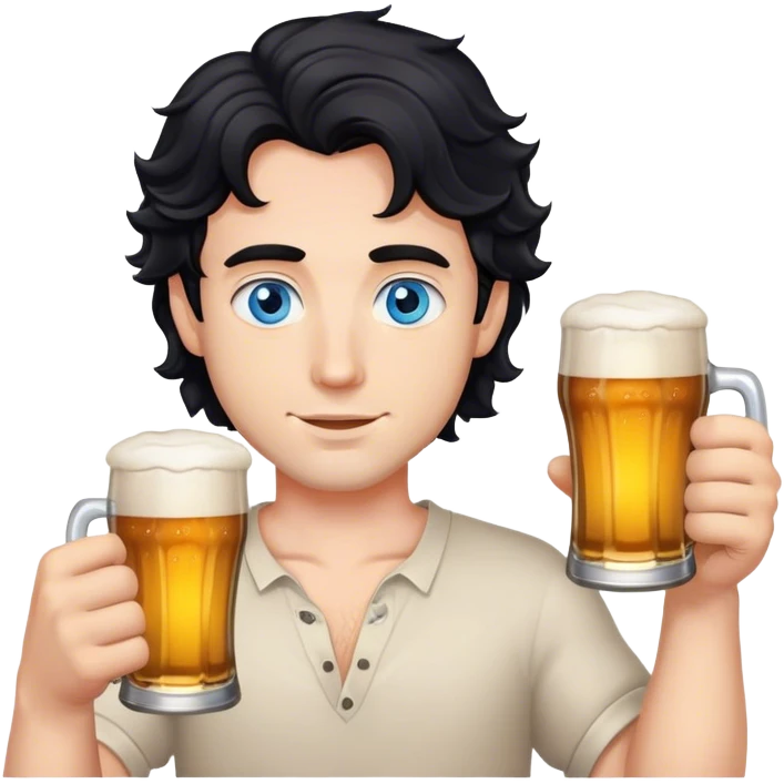 white guy blue eyes wavy black hair holding beer emoji