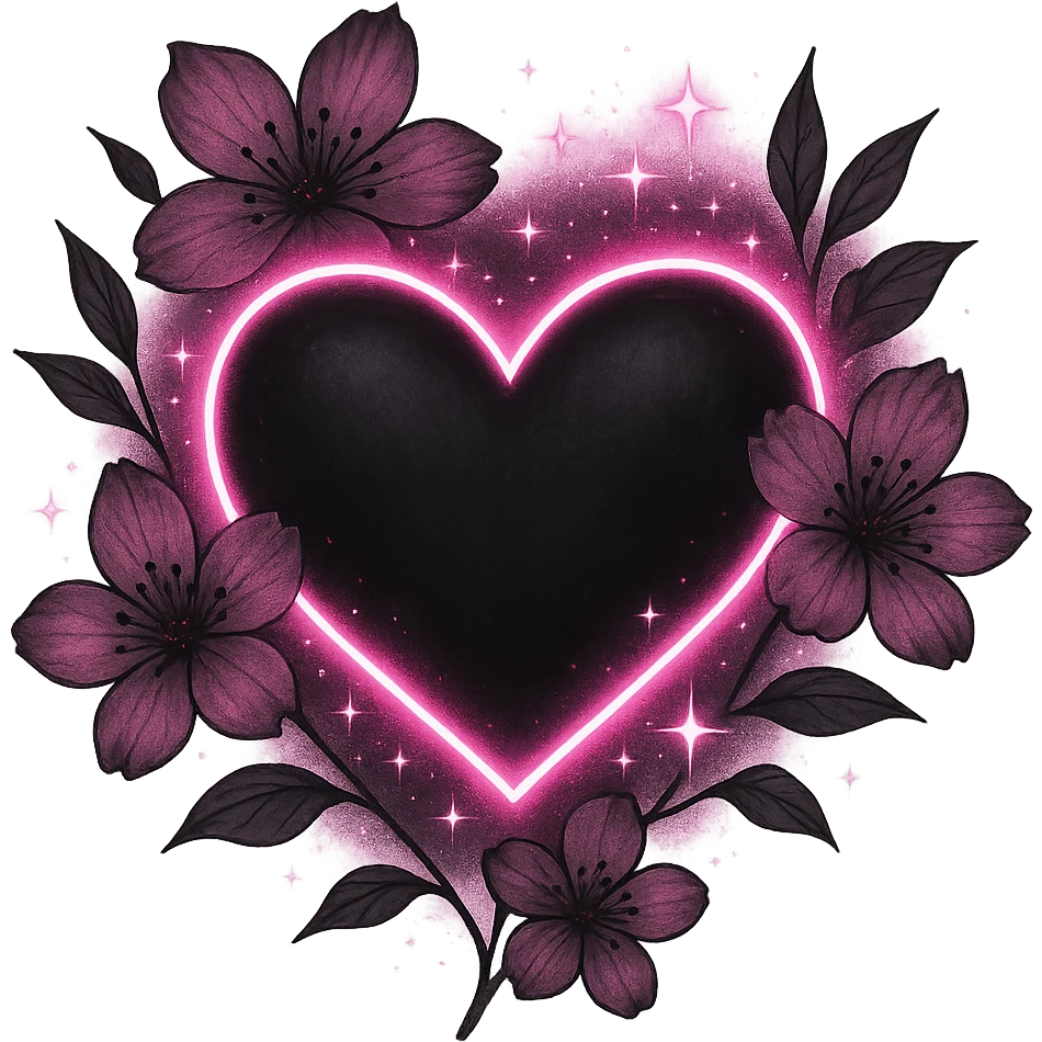 goth sakura black heart with glowing pink outline and magical sparkles, remove background emoji