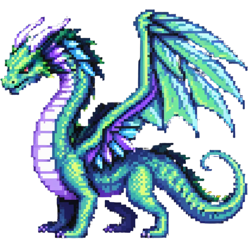 fantasy wyrm, serpentine body, big wings, long tail, shimmering green, blue, and purple colors emoji