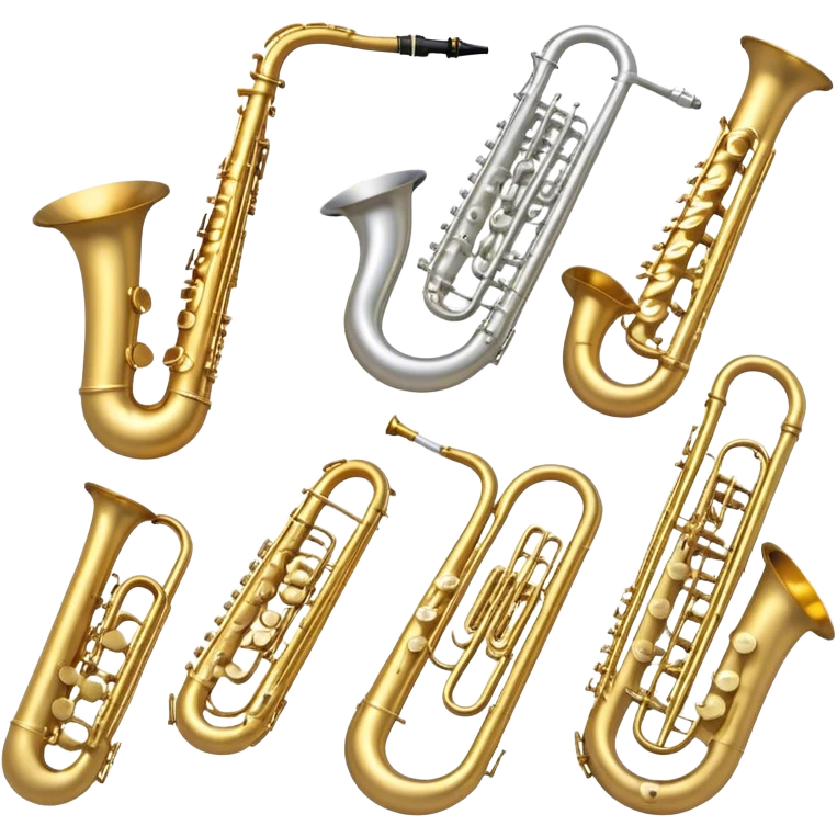 Create a professional, harmonious emoji collage symbolizing wind instruments.  The instruments should be in metallic gold, silver, and brass tones, with subtle reflections to convey a professional and polished appearance. Add soft musical notes or soundwaves to surround the instruments, creating a sense of movement and sound. The background should be transparent, ensuring all instruments are the focus and the composition remains harmonious and balanced. emoji