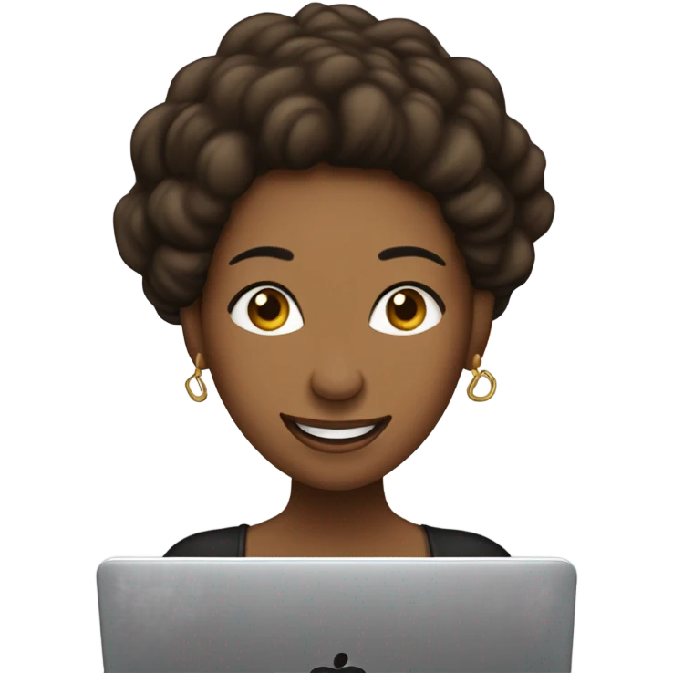 mujer, de piel trigueña, pelo negro y largo, ojos marrones, saludando con un mano y sonriente. tiene una laptop emoji