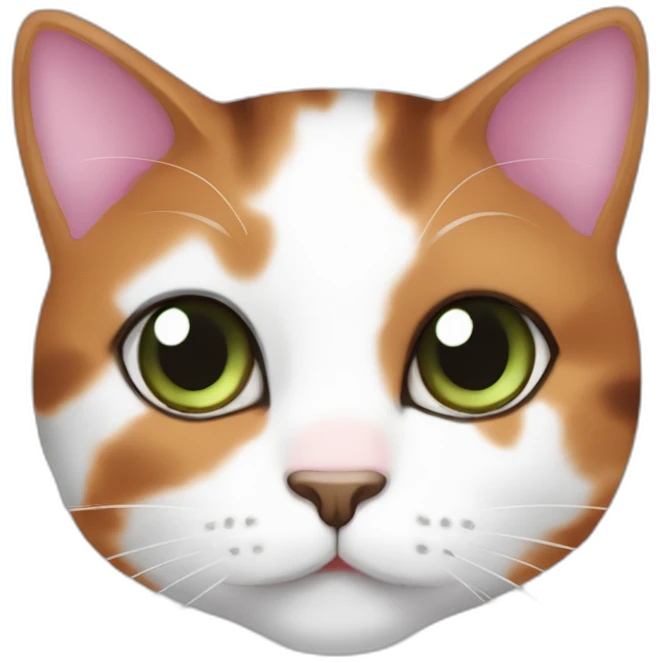 young calico cat face with a pink nose, white chin, green eyes, and orange/brown markings and little dark brown stripes emoji