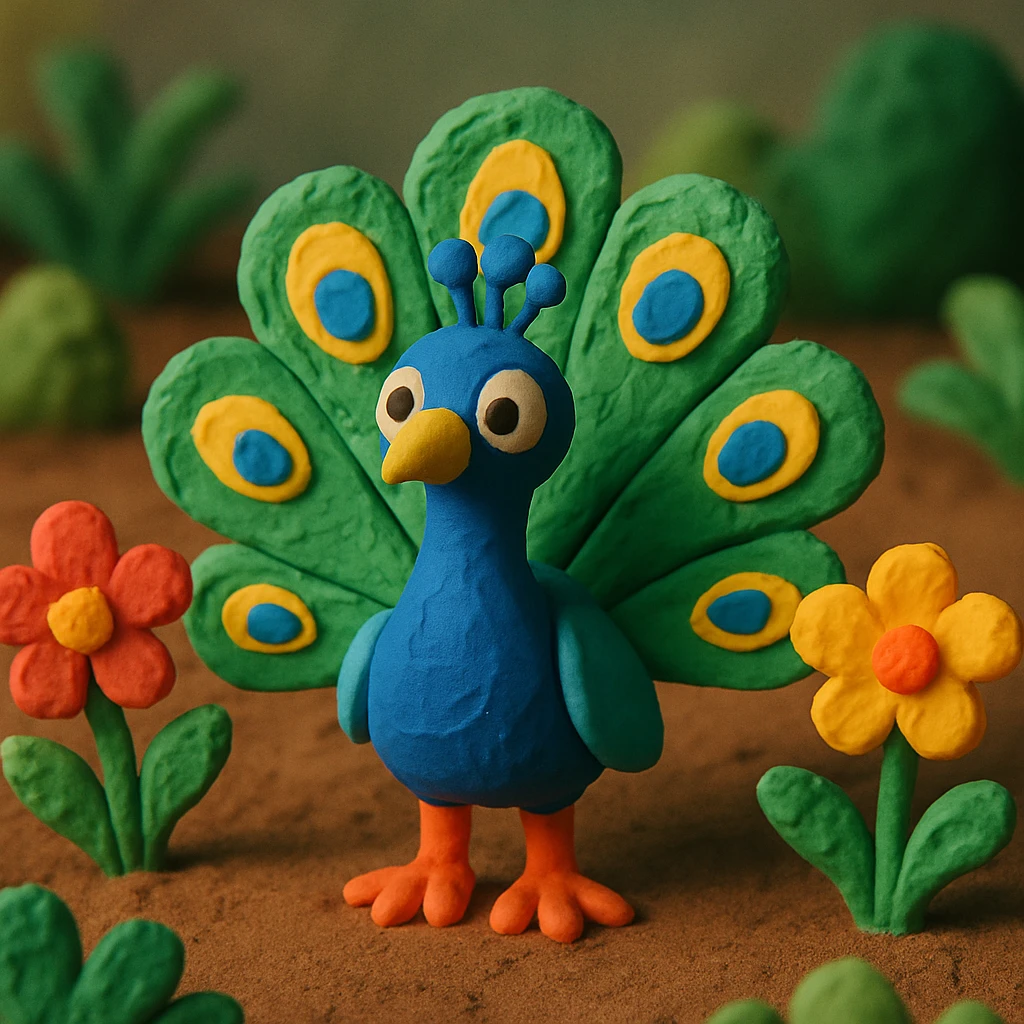 peacock standing in a garden, playful and vibrant, textured look, claymation style emoji