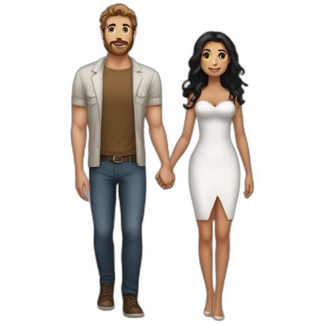 sexy tall man with brown hair and beard, holding hands with a short, voluptous woman with long black hair. emoji