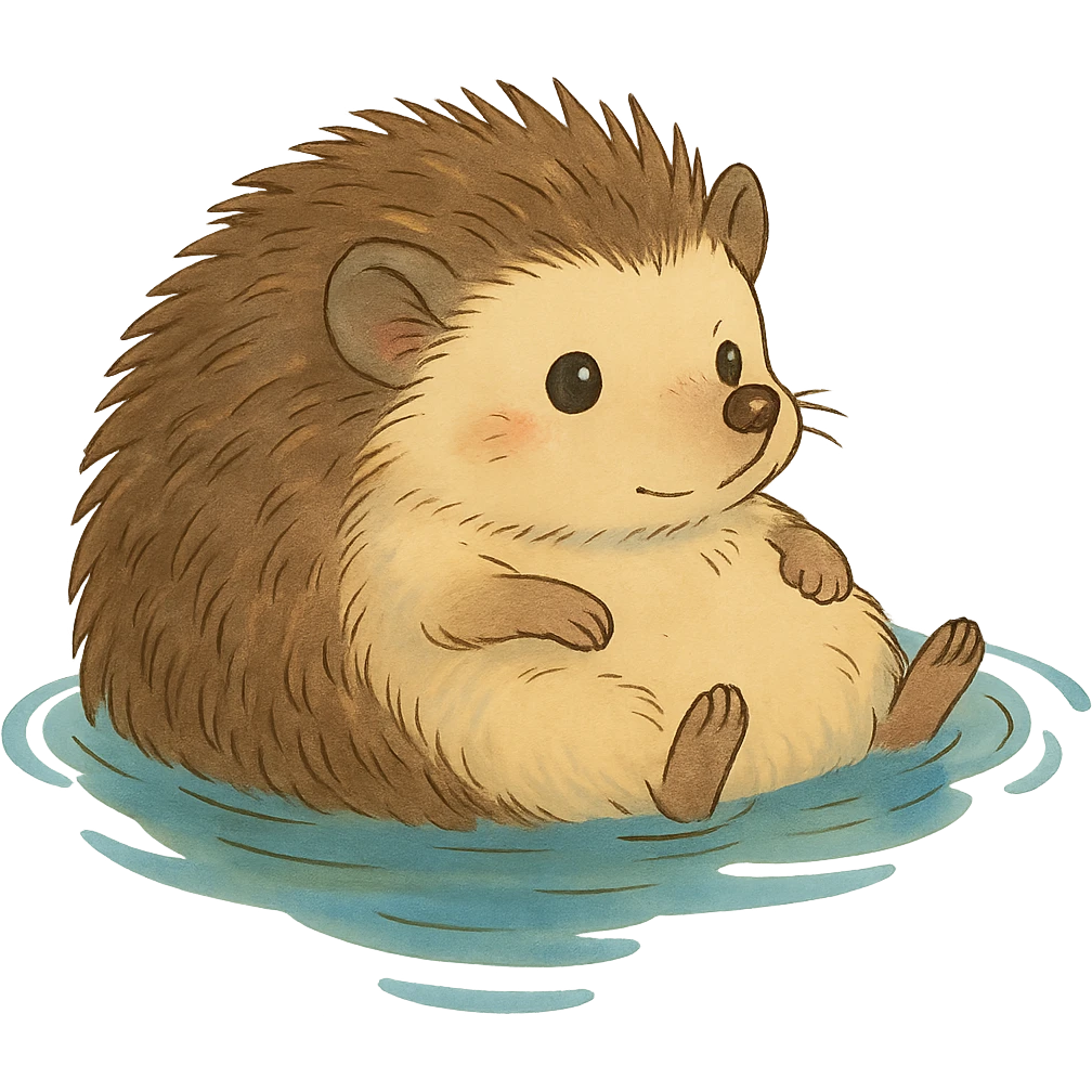 ghibli style hedgehog floating on water, no background emoji