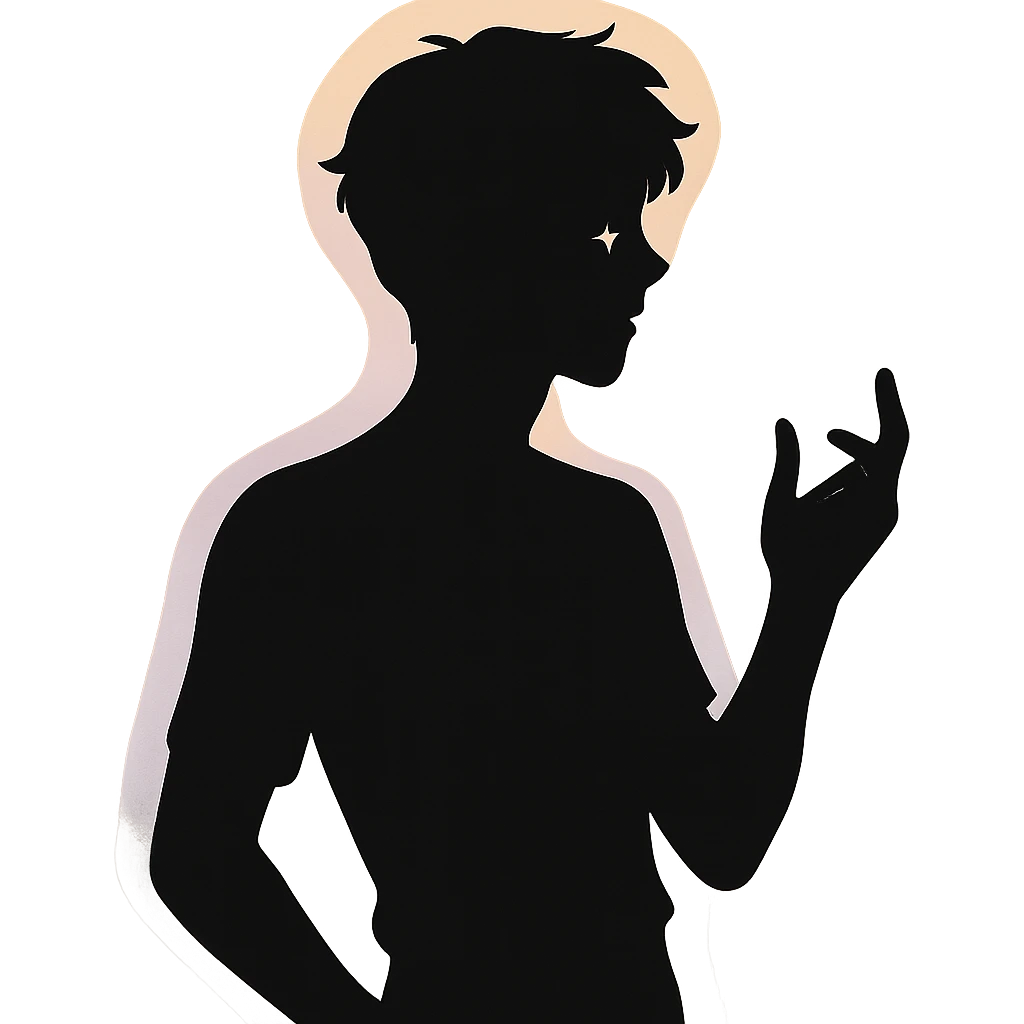 minimalist silhouette of a youthful male figure with a gentle pastel aura, subtle sparkle near the eyes, and a relaxed, confident pose, exuding effortless charm and playful unpredictability emoji