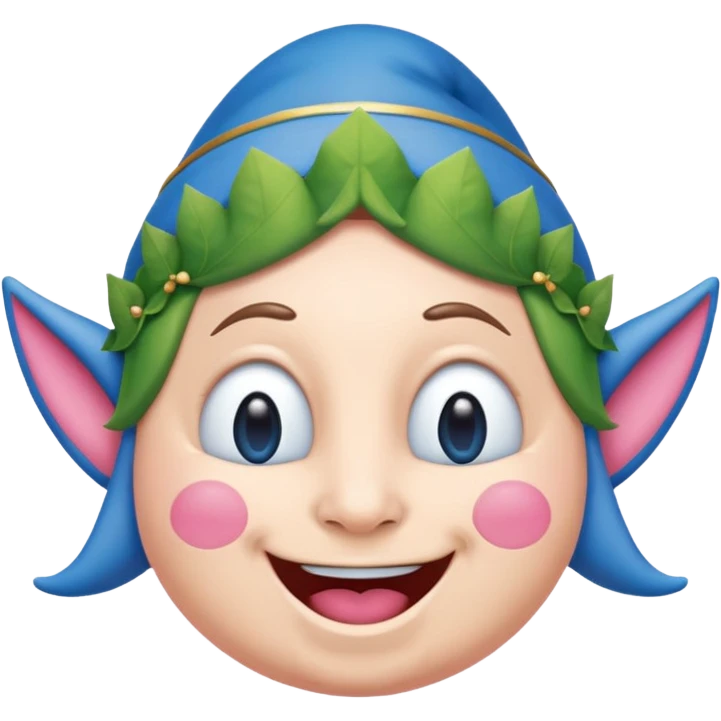 A blue emoji with fat pink cheeks and is smiling like a elf emoji