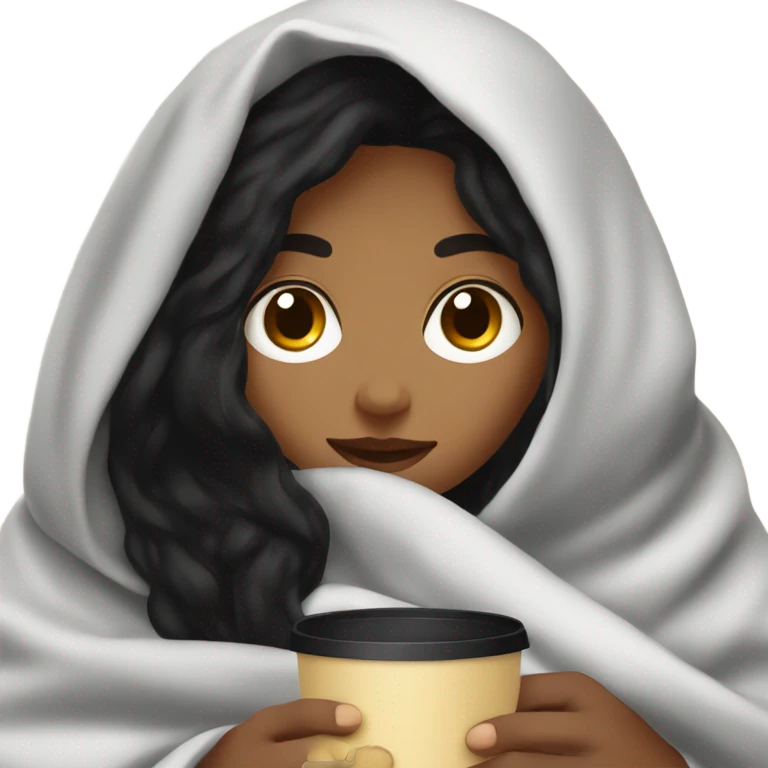 Girl with black hair under the blanket looking at the coffee in her hand emoji
