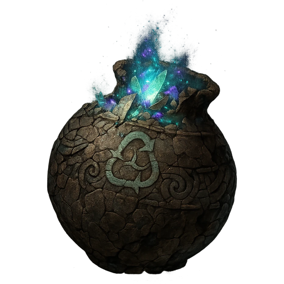 Create an Elden Ring Cracked Pot style recycle bin icon, full. The pot should look ancient and cracked, inspired by the reference image, with a subtle recycle symbol or magical rune, and filled with glowing magical debris or mystical trash. The style should reflect the Elden Ring cracked pot aesthetic. 1080 x 1080, transparent background. emoji
