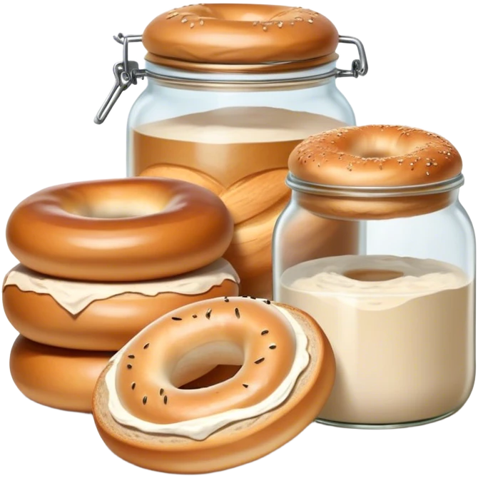 sourdough starter in a glass jar and a loaf of bread and a bagel emoji